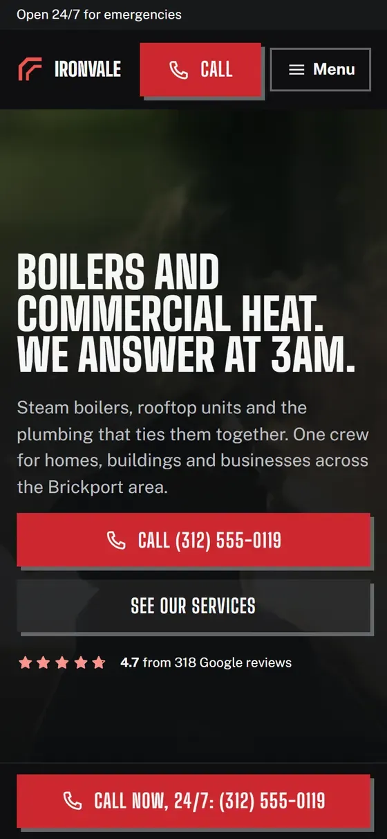The Ironvale Mechanical demo homepage on a phone