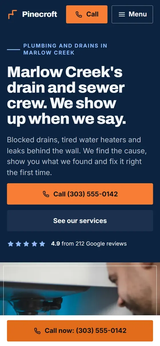 The Pinecroft Plumbing demo homepage on a phone